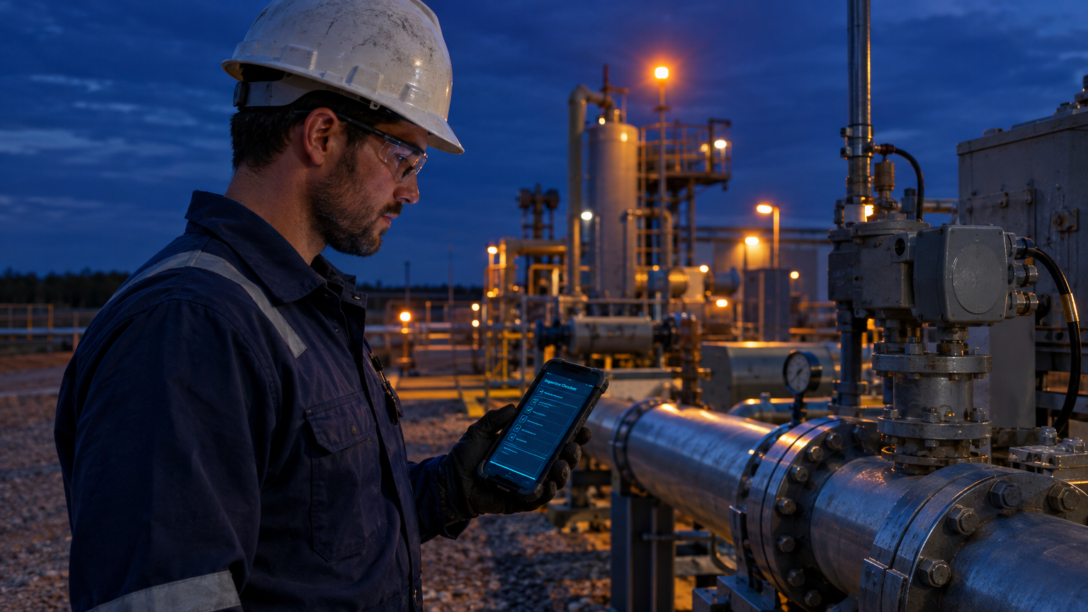 Field technician performing an inspection at a gas compressor station